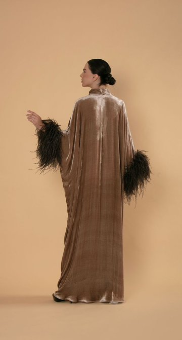 Beige Velvet Kaftan with Feathered Sleeves